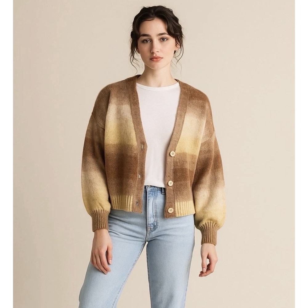 Jamison Anthropologie Size Medium Wool Blend Brown Ombre Cardigan Relaxed Fit